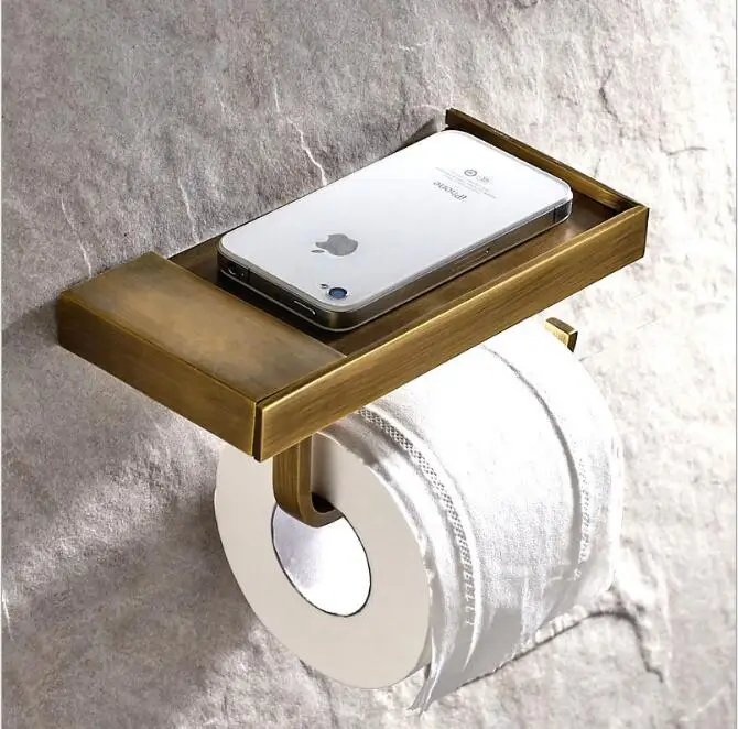 

New Arrival Toilet Paper Holder With Phone Shelf Paper Roll Rack Phone Shelf With Hooks Wall Mounted Copper Toilet Paper 3 color