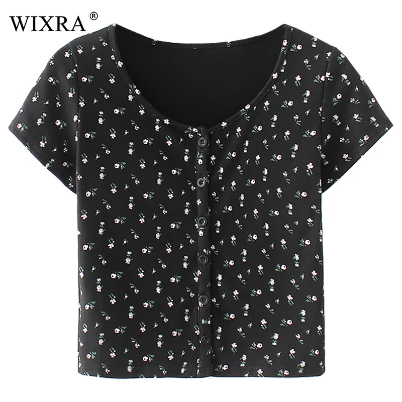 

Wixra Women Tee Summer New O-Neck Slim T-Shirts Female Short Sleeve Solid Floral Print T-shirt for Women Tops 2018 New
