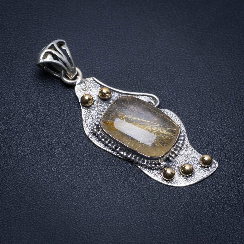 

Natural Two Tones Rutilated Quartz Boho Style 925 Sterling Silver Pendant 2" S0308