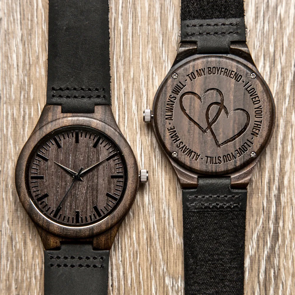 

Engraved Personality Men Watches for Boyfriend Gifts Ebony Leather Watch Anniversary Gifts
