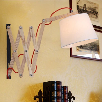 

Modern Wall Mounted LED E27 Wall Lamp With Fabric Cloth Oak Wood Retractable Wall Sconce Lamparas Home Lighting Fixture