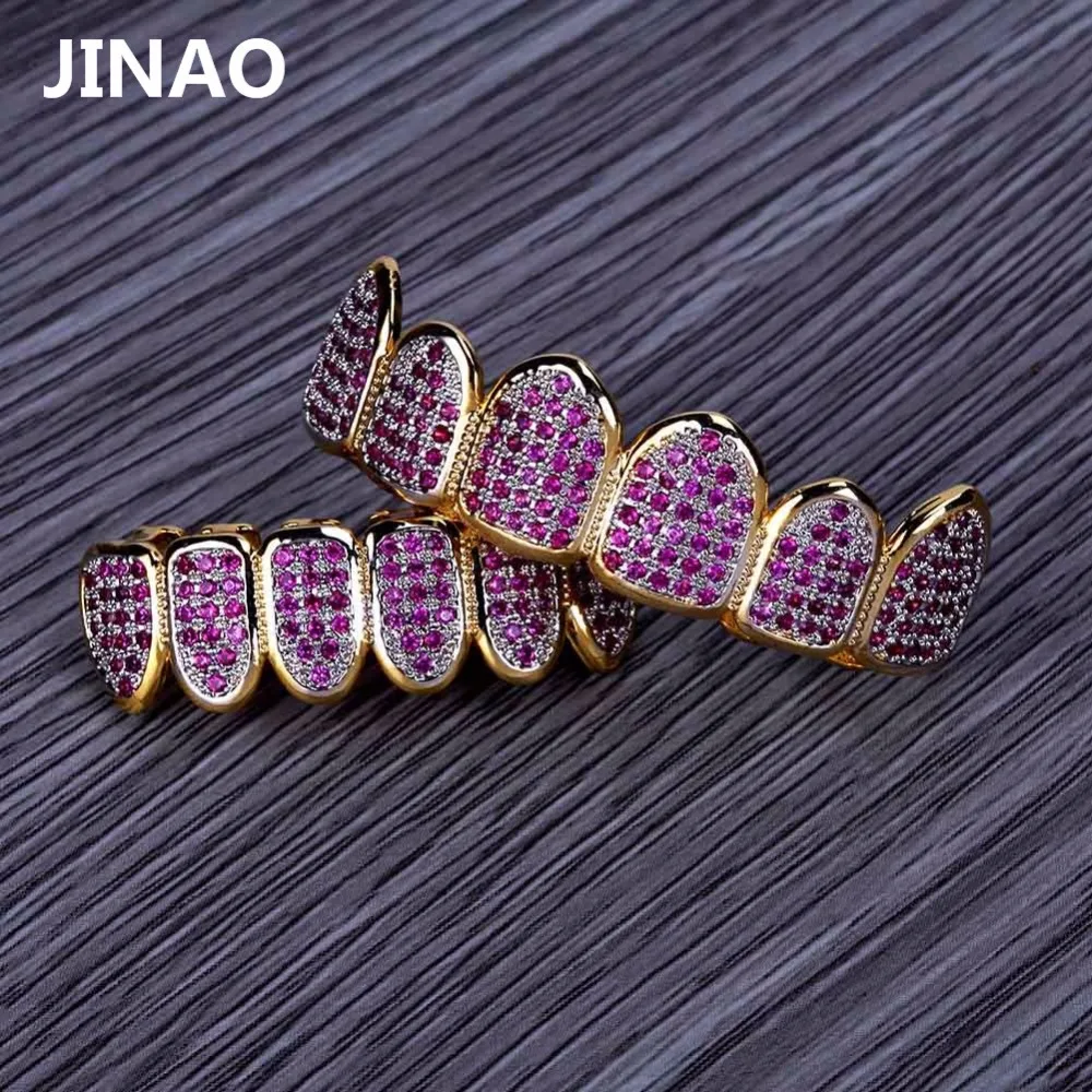  JINAO New Custom Fit Gold Color HipHop Teeth Grillz All Iced Out Fuchsia CZ Stonea Micro Paved Wome