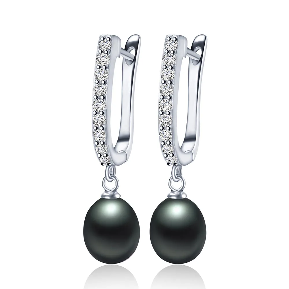 Женские серьги из пресноводного жемчуга, циркониевые, модные, 925 пробы, серебряные серьги-капли, белые, настоящие жемчужные, свадебные ювелирные изделия с коробкой - Цвет камня: black pearl