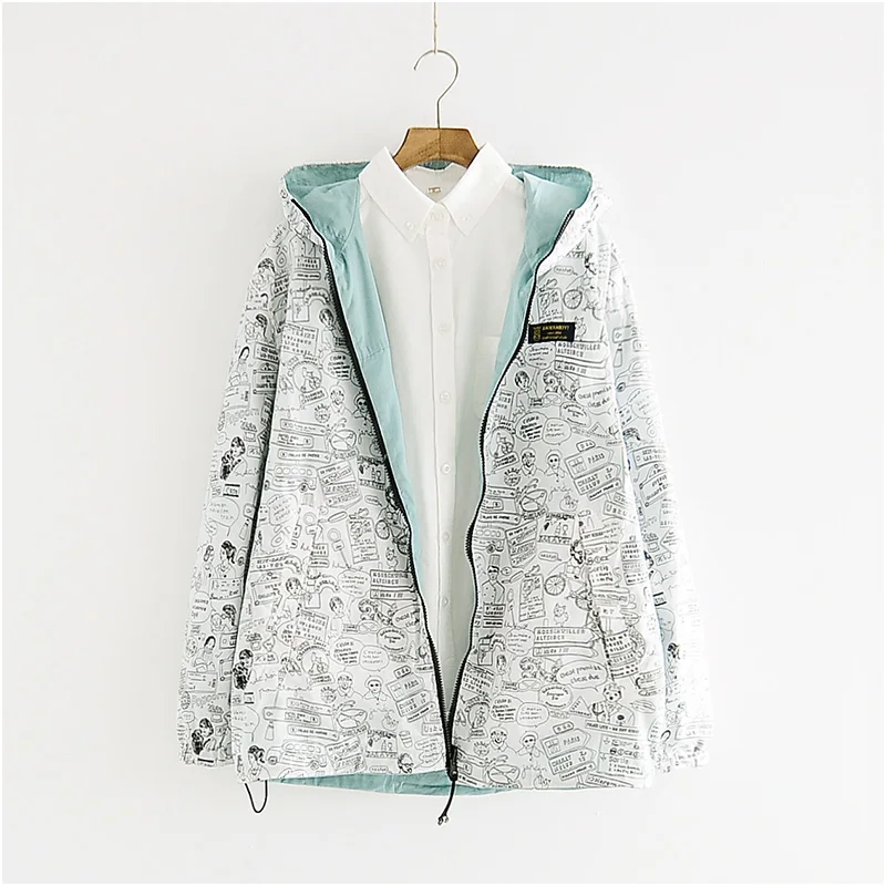 low cost  MERRY PRETTY Autumn 2018 Women Jacket Coat Pocket Zipper Hooded Two Side Wear Cartoon Print Outwear