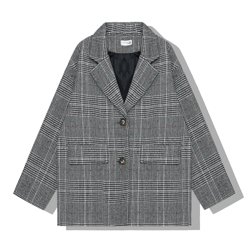PERHAPS U women single breasted plaid casual pocket turn