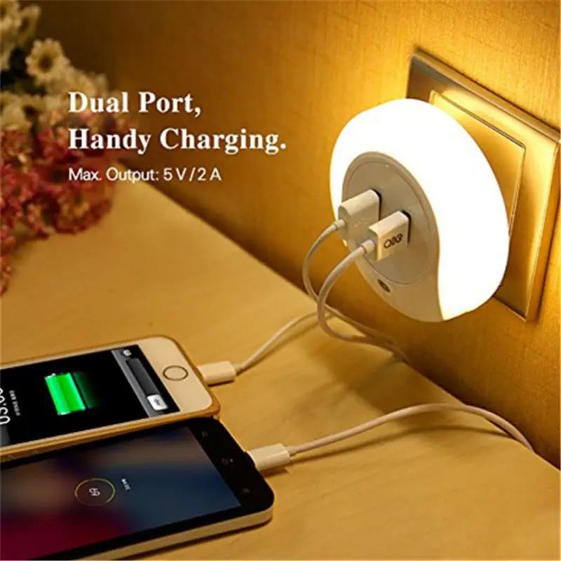 

Wrumava Dual USB Charging Port LED Light Bedside Energy Saving Light-operated Sensor Wall Plate Charger Adapter for iphone Phone