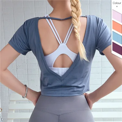 

Deep V Back Fitness T-shirt Women Fast-drying Short-sleeved Women's Yoga T-shirt in Europe and America