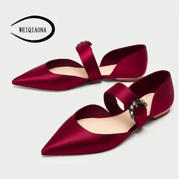 

WEIQIAONA New Women Jewelry buckle ballet shoes Shallow a strap Pointed flat princess Red wedding shoes Casual Fashion shoes