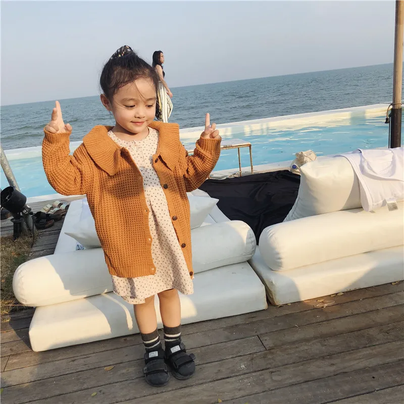 

2019 Spring Korean style fashion girls turn-down collar sweaters cardigan children cotton cute ruffled collar sweater jackets
