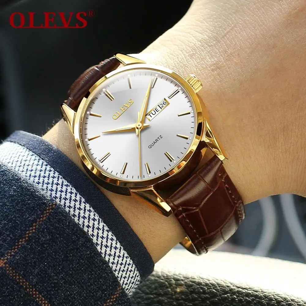 Для мужчин s часы лучший бренд класса люкс OLEVS модные часы для мужчин кожа кварцевые часы для мужчин Авто Дата Розовое золото корпус relogio masculino - Цвет: men Brown white 2