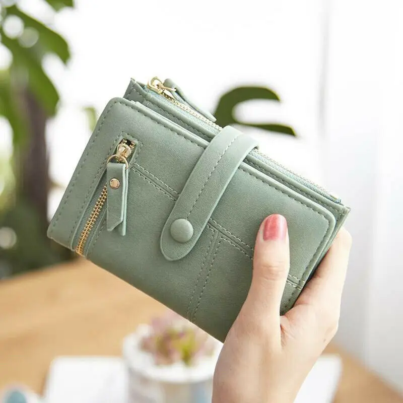 Модный женский кошелек из искусственной кожи, короткий однотонный кошелек с застежкой, карман для монет, клатч, сумка для кредитных карт - Цвет: Зеленый
