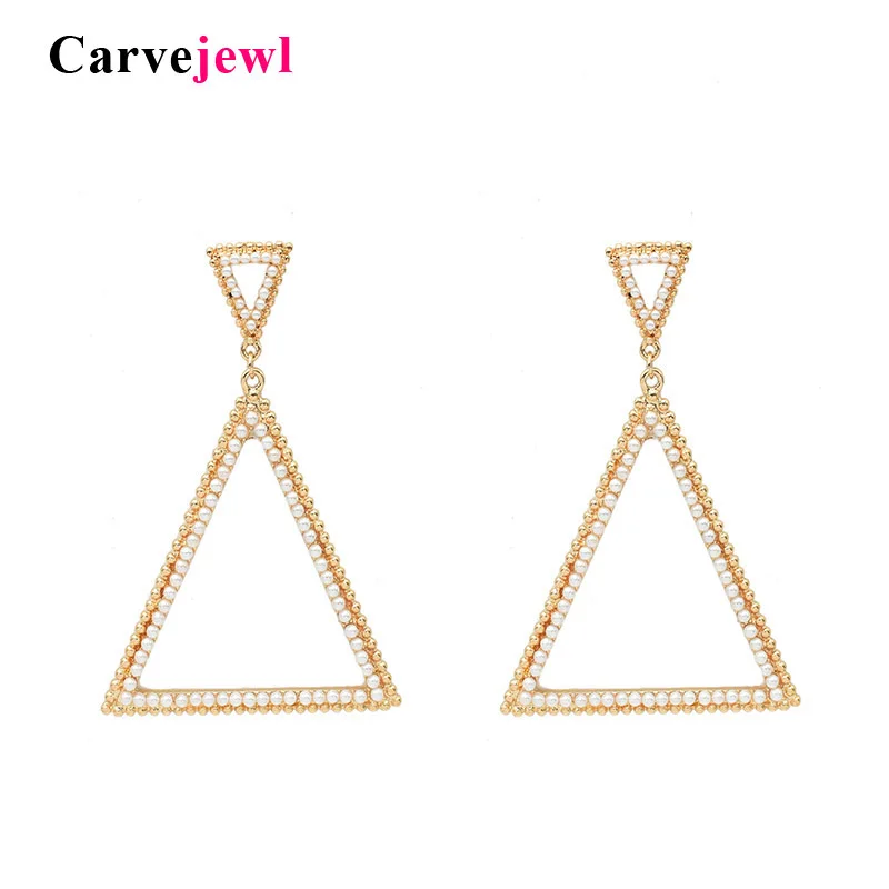 

Carvejewl double triangle drop dangle earrings simulated pearl crystal rhinestone minimalist American design earrings jewelry