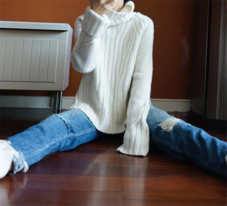 Чистый кашемир толстый вязаный женский модный водолазка открытый подол Свободный пуловер свитер сплошной цвет S-XL