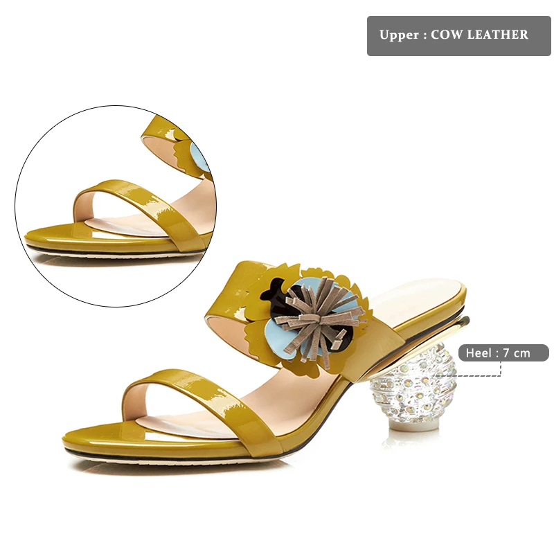 Bout Dames Femmes Ouvert Sur Chaussures Glisser Vache Mode Mules À Talons Pantoufles Haute Wetkiss 2018 Cristal Blanc Cuir En Diapositives jaune Nouveau D'été De Fleurs q7wn6IO