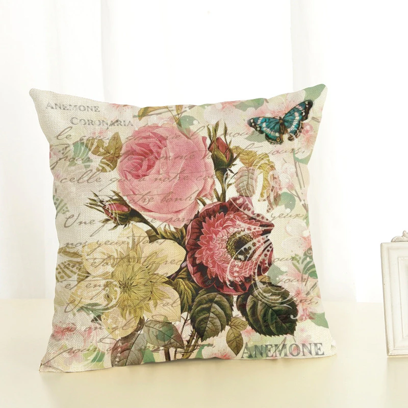 Shabby Chic Decor Printed Blue Flowers Cushion Cover 45x45cm Linen Pink Purple Plants Throw Pillow Covers Pillowcase Leaf Decor