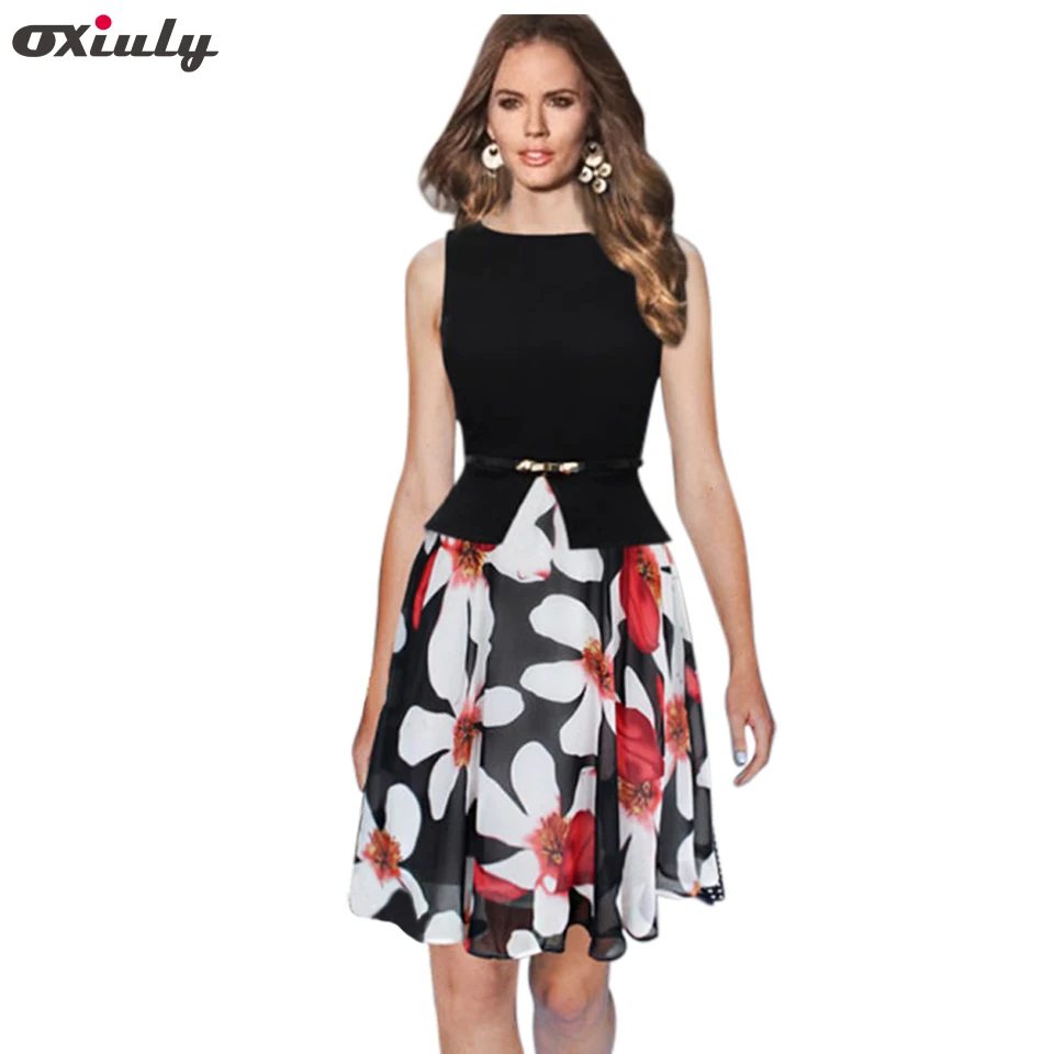

Oxiuly Womens Summer Vintage Elegant Belted Floral Flower Chiffon Patchwork Tunic Work Office Party Fit and Flare A-Line Dress