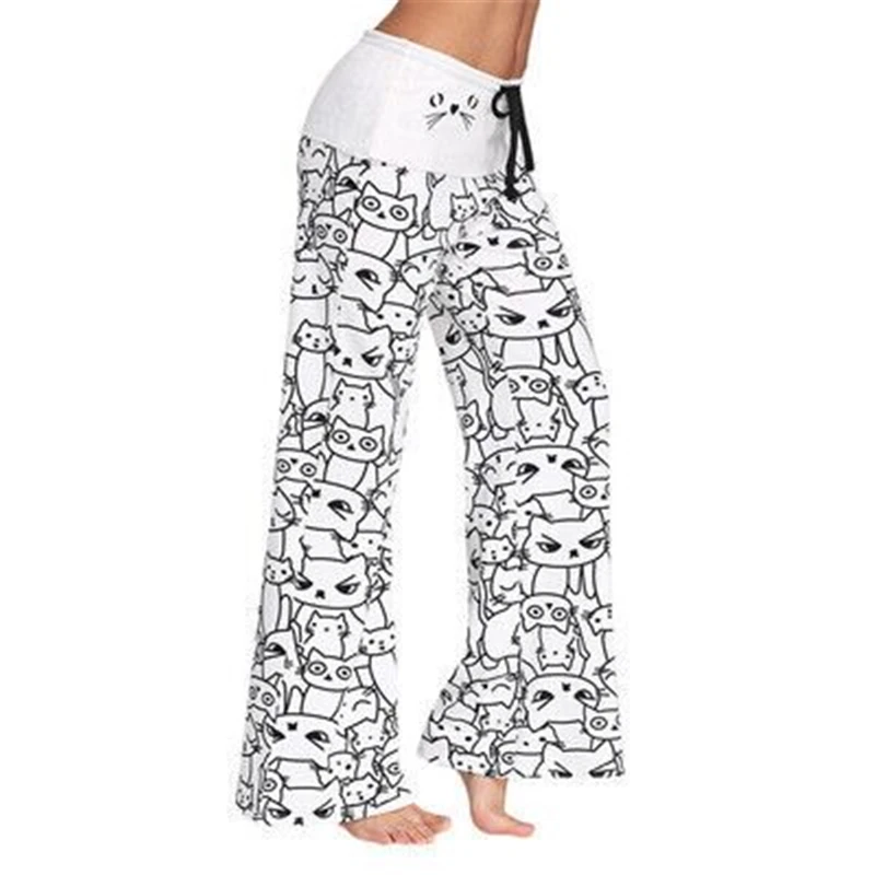 Cute Digital Printing Cartoon Cat Women's Sleep Bottoms Spring Summer Pajama Long Pants Women Bell-bottoms Pyjamas Trousers