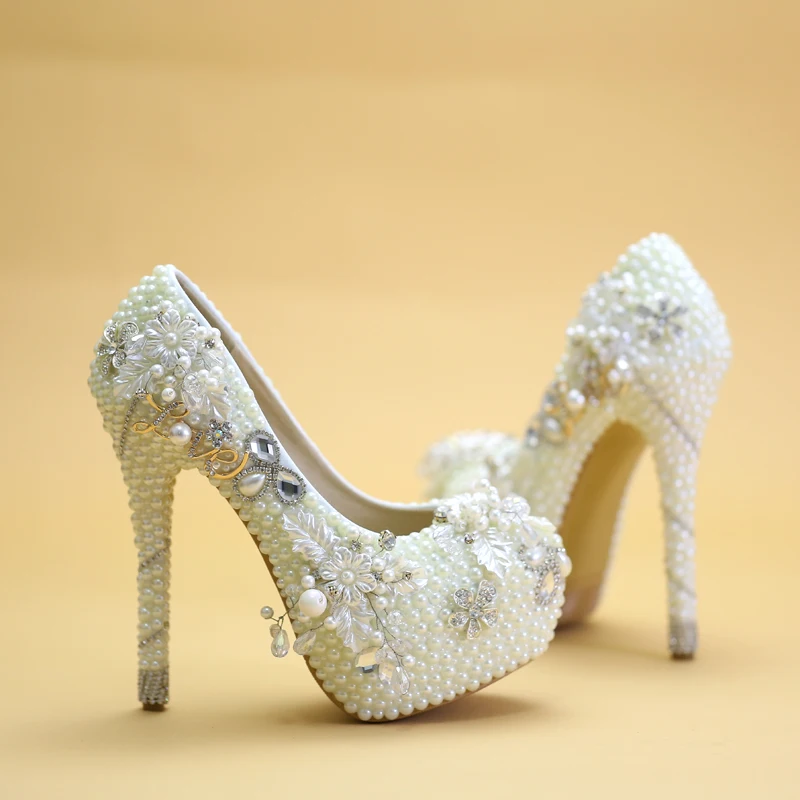 

Wedding Shoes white pearl high heel crystal shoes bride shoes Party dress pearl adult Pumps Female Celebration Evening Date Shoe