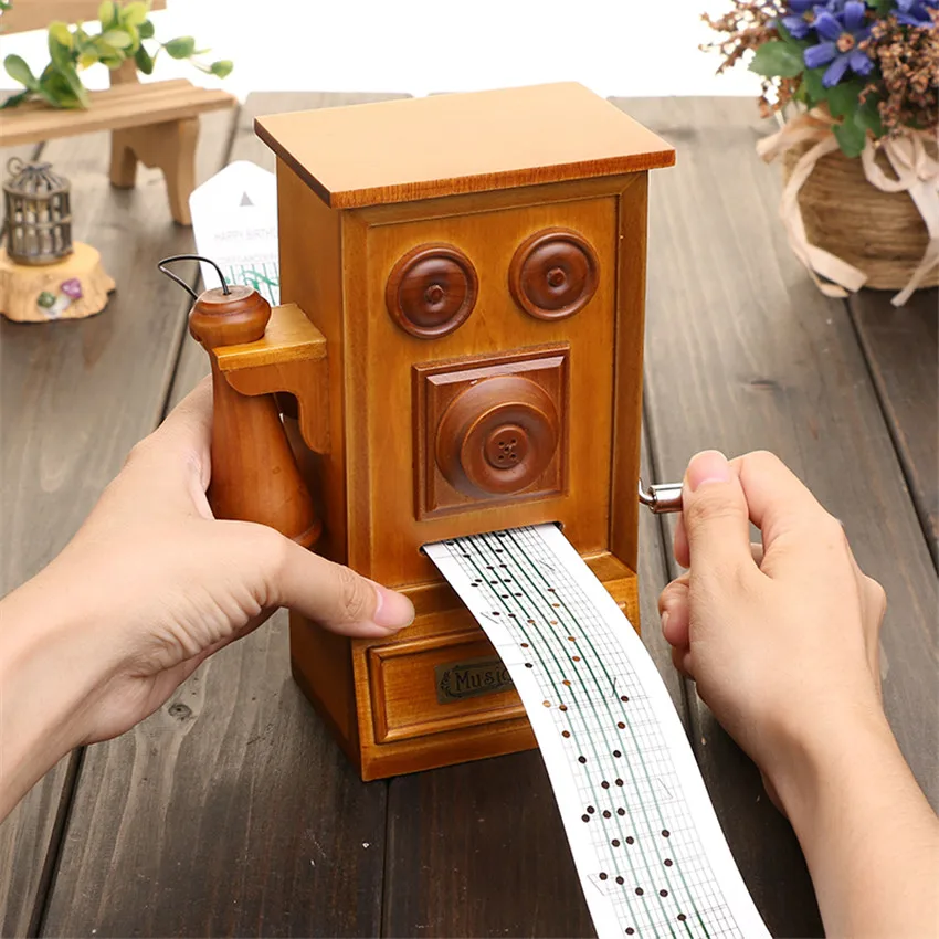 Wooden Music Box Old Telephone Hand Tape Music Box Christmas Gift Muzik