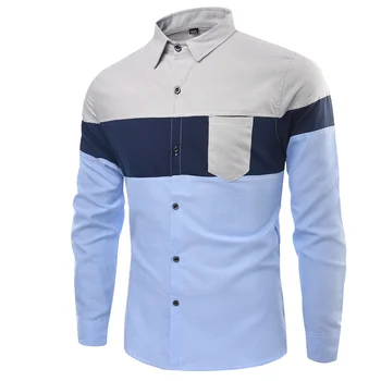 

Fashion Casual Men Shirts Long Sleeve Patchwork Slim Fit Tops Men Cotton Business Pocket Three-Color Stitching dress shirts