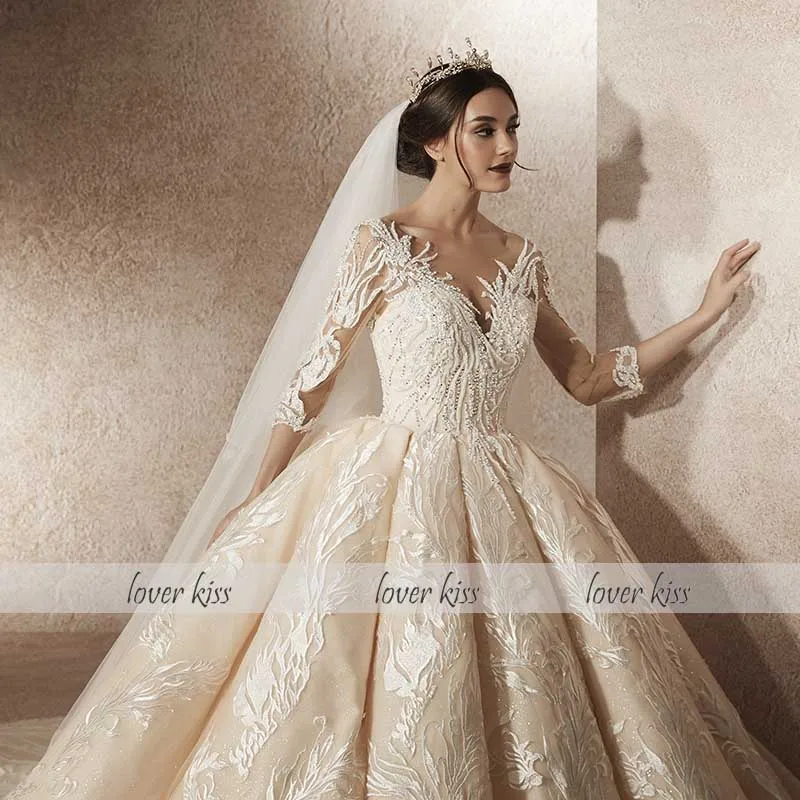 Lover Kiss Vestido De Noiva Sparkly Роскошные 3/4 рукава турецкие свадебные платья кружевное подвенечное платье Арабские Реальные свадебное платье