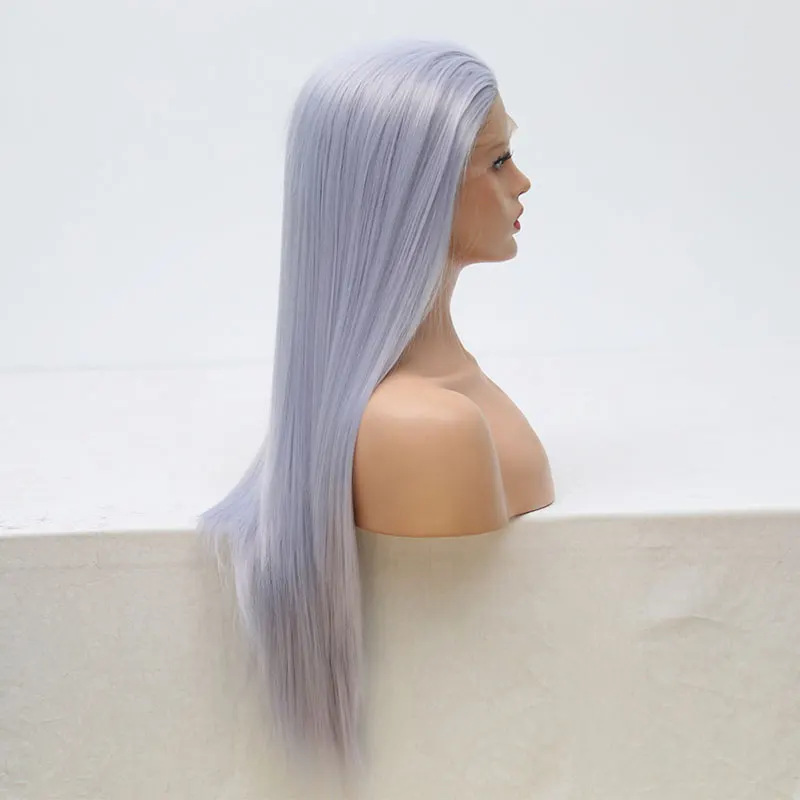 

Bombshell Synthetic Lace Front Wig Platinum Silver Grey Straight Heat Resistant Fiber Hair Free Parting For Women Girls Wigs