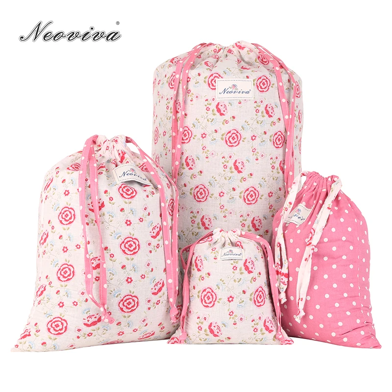 Neoviva Cotton Laundry Bag for Travel with Drawstring, Pack of 4 in