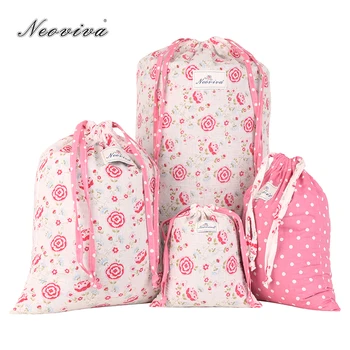

Neoviva Cotton Laundry Bag for Travel with Drawstring, Pack of 4 in Different Sizes and Patterns, Floral Prism Pink Cesto Ropa