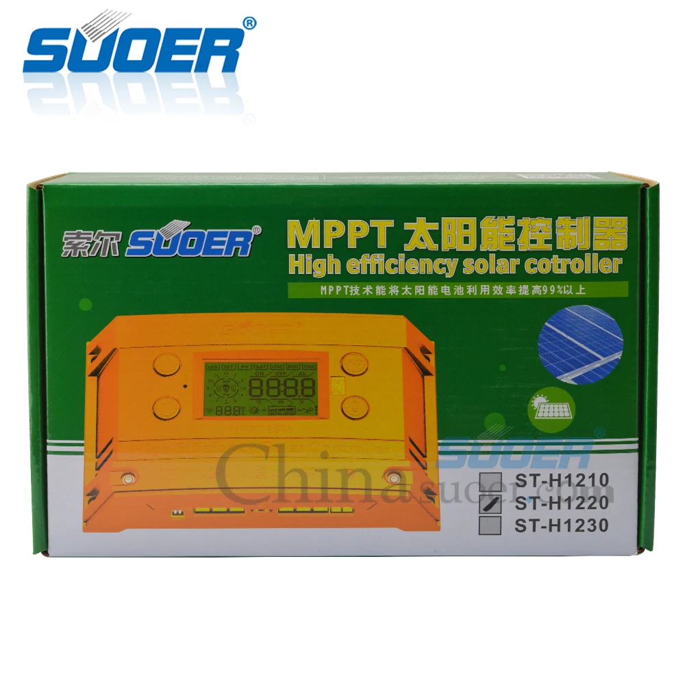 

Suoer 12V/24V Adaptive 20A Controller With Built-InTwo 5V 1A Interface MPPT Solar Charger Controller (ST-H1220)