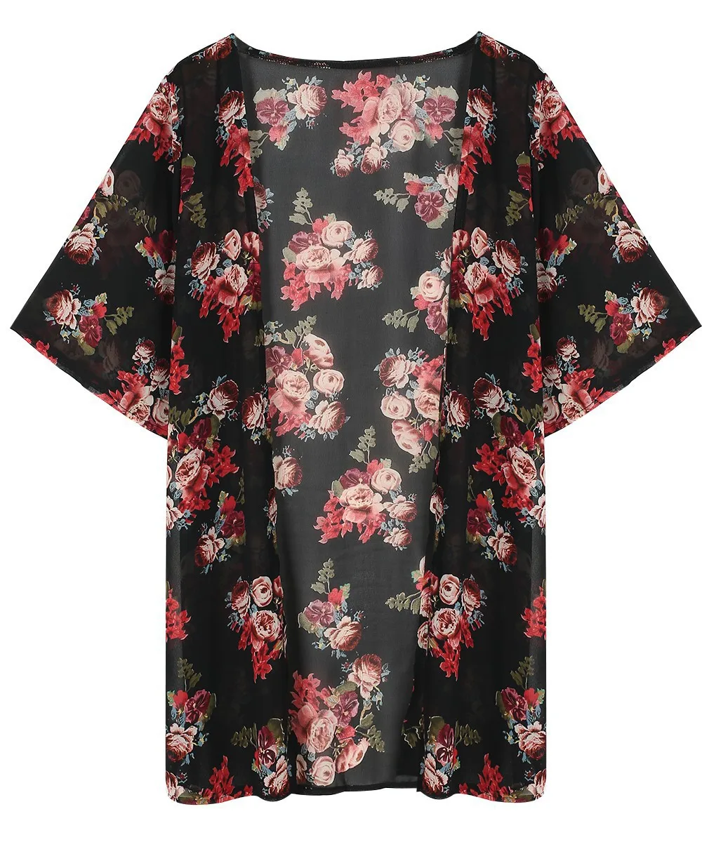 Кимоно футболки женские повседневные винтажные кардиганы дамские летние длинные вязанные крючком шифоновые Свободные топы с цветочным принтом черные