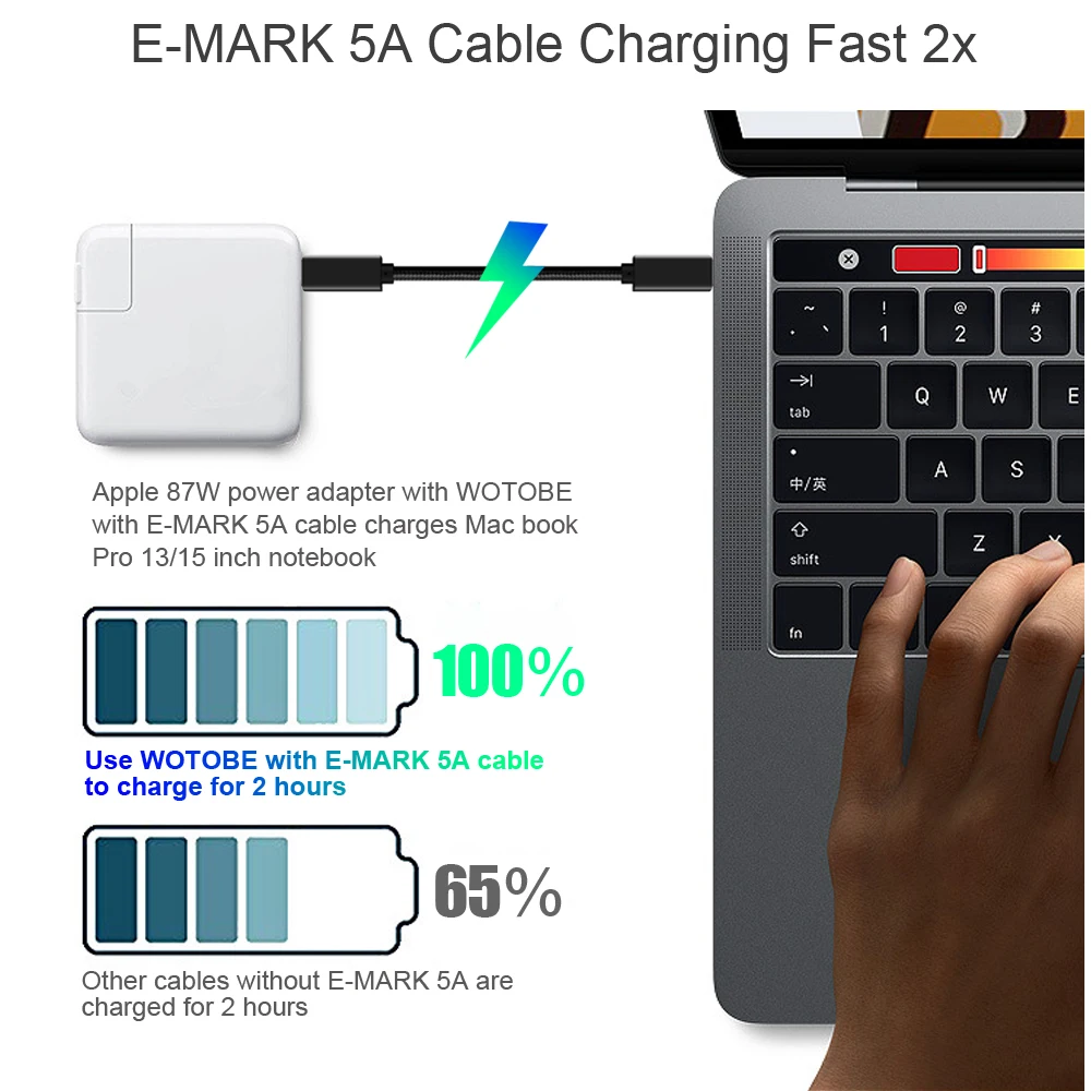 Полнофункциональный кабель USB C типа C(2 м) E-MARK 5A PD 100W USB3.1 Gen2 10 Гбит/с 4K видео выход линия питания для компьютера MacBook типа C