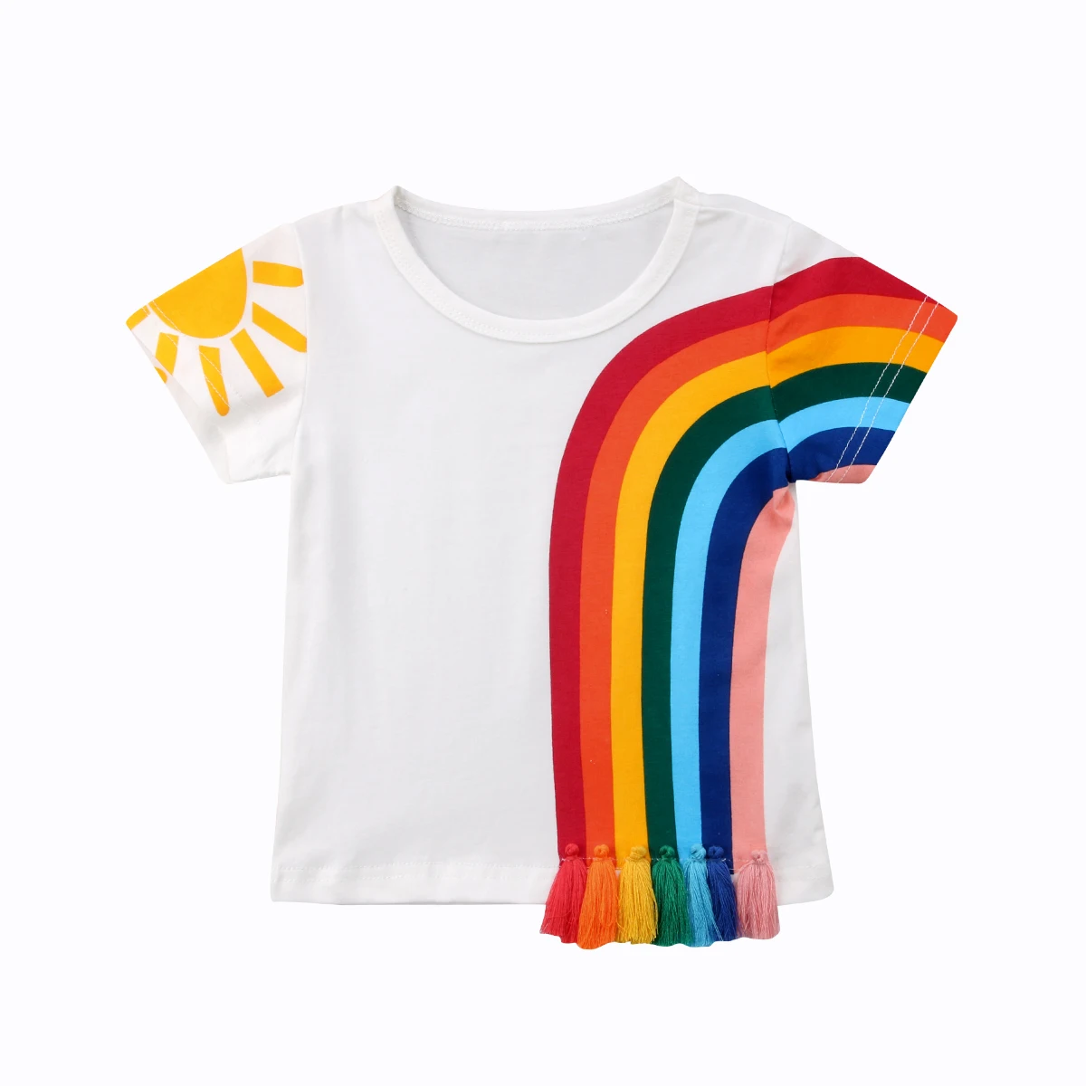 Новая повседневная детская одежда для маленьких девочек, Повседневная разноцветная футболка с радугой, хлопковая Футболка с кисточками в стиле пэчворк, топы - Цвет: Белый