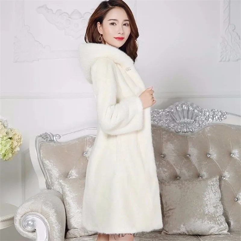 

2019 Women mink fur long coat single button thick warm fur full length pockets fall and winter office lady