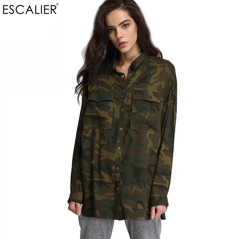 

ESCALIER 2017 Fashion Women Loose Camouflage Coat Stand Collar Pocket Long Sleeve Button Sweat Breathable Outwear Jacket