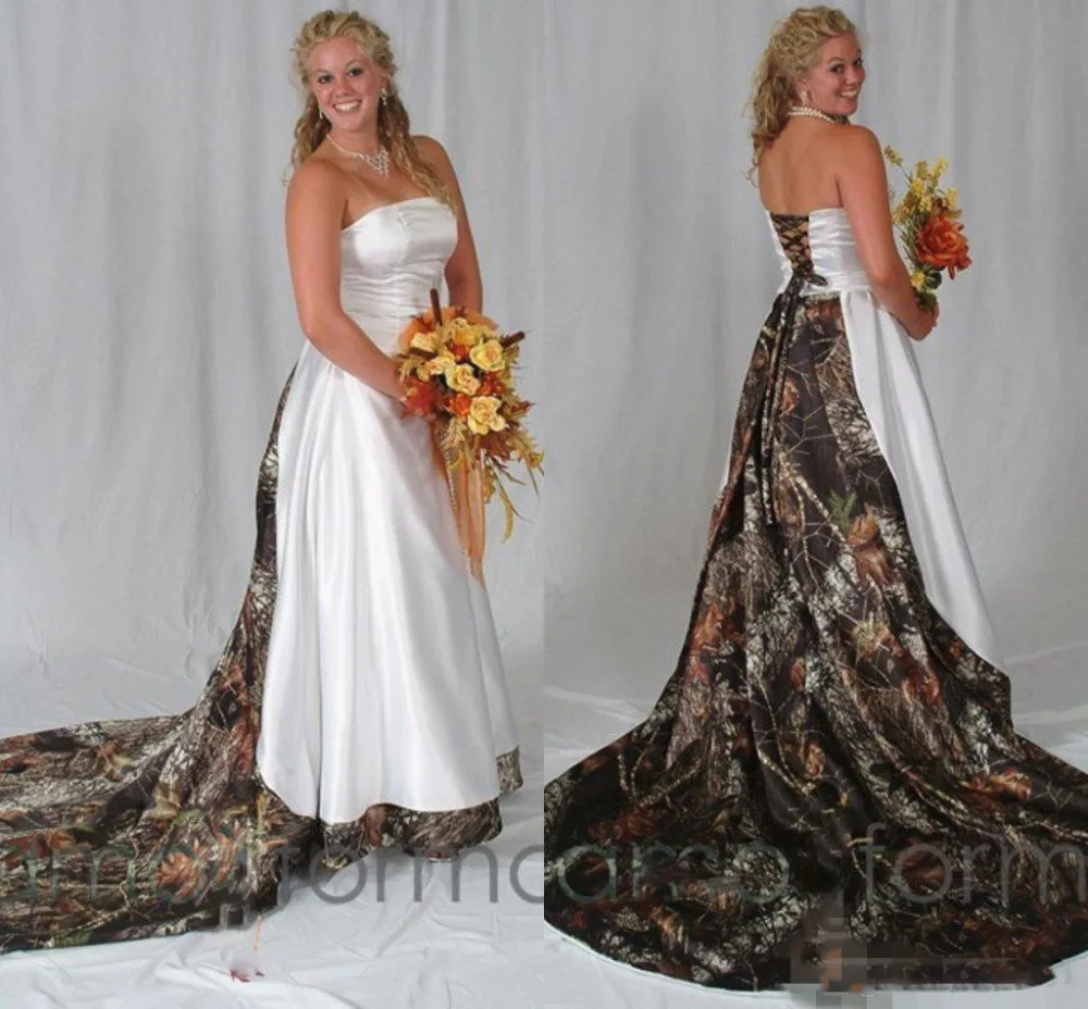 

Vintage Plus Size Camo Wedding Dresses Bridal Gowns Sweetheart Lace-up Back Sweep Train A Line Satin casamento
