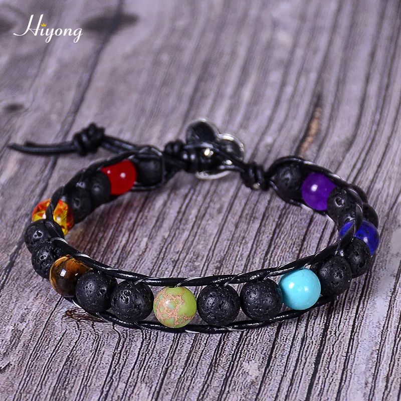

HIYONG Genuine Leather Wrap Bracelets Chakra Beads Lava Stone Tiger Eye Natural Stone Bracelet Bangles Vintage Weaving Bangles