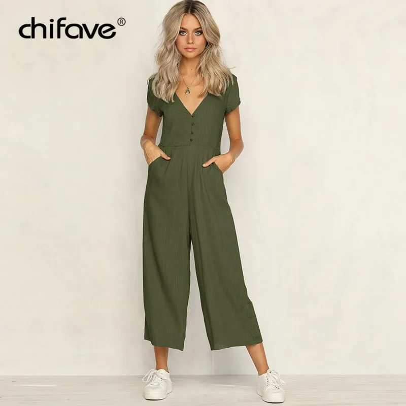 2018 Casual Women Jumpsuit Sexy V Neck Romper Short Sleeve