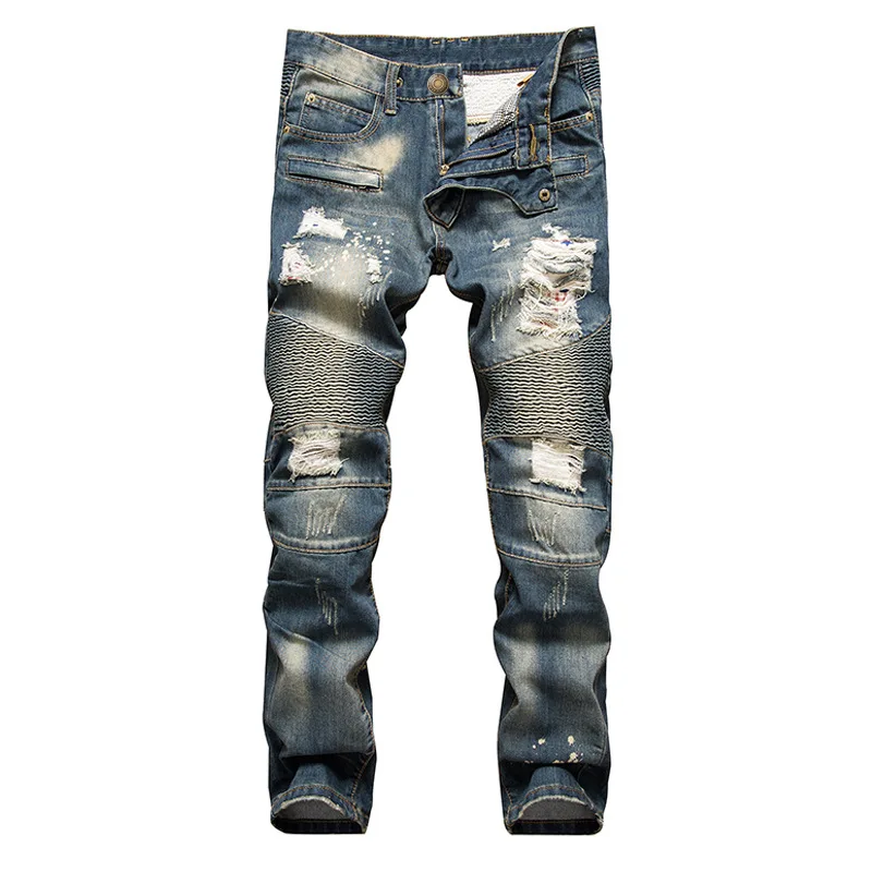 Новая мода Осенние Синие рваные джинсы мужские рваные обтягивающие байкерские рваные джинсовые брюки