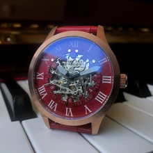 42mm Japan MIYOTA Automatic Watch NATURAL PARK Luxury Skeleton Men Mechanical Watches Fashion Red Leather Clock Water Resistant