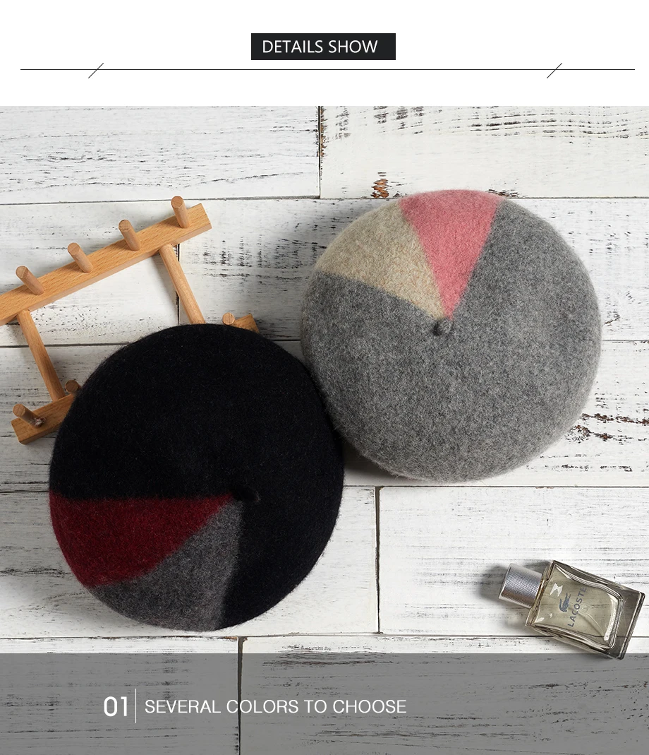 Winter Beret Female 2018 New 100% Cashmere Hats For Women Flat Cap Wool Knit Hats Lady Three-color Patchwork Berets Painter Hat  (15)