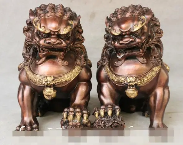 

S6328 11" Chinese FengShui Bronze Gilt Lion Door Guard Fu Foo Dog Ball Set Statue Pair D0318
