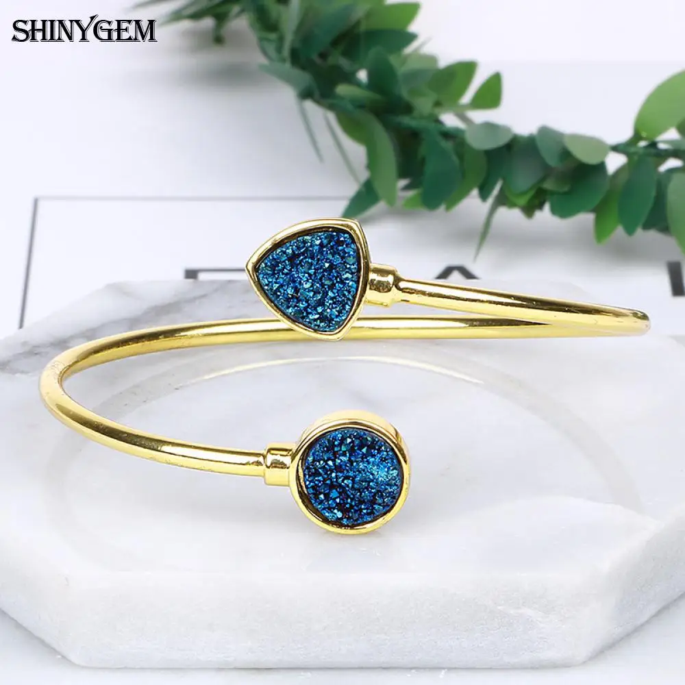 Браслеты ShinyGem, винтажные, сверкающие, Druzy, с кристаллами, открытые, позолота, треугольник, Круглый, натуральный, Druzy камень, браслет, браслеты для женщин