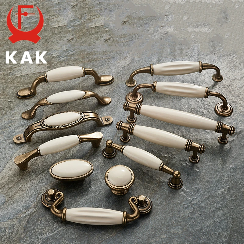KAK Античная бронзовая керамическая белая ручки шкафа из цинкового сплава ящика