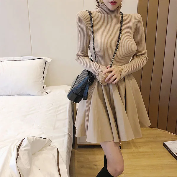 

new fall winter half turtleneck patchwork knit + PU leather pleated dress