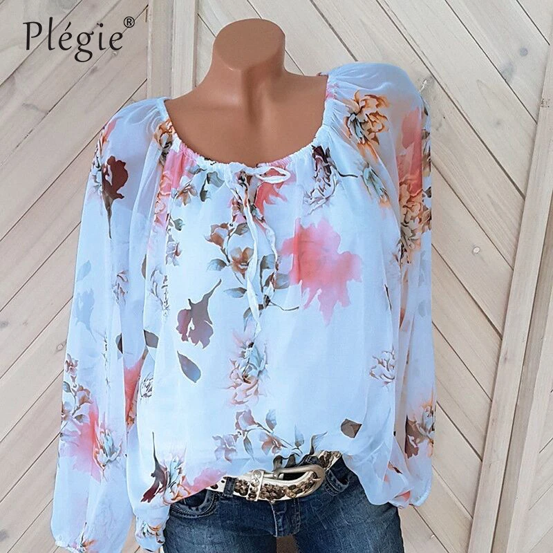 Ceny Plegie Floral Print Szyfonowa Bluzka Kobiety Slash Neck Z Długim Rękawem Kwiatowy Lato Top Blusa Feminina Kobiet Topy I Bluzki