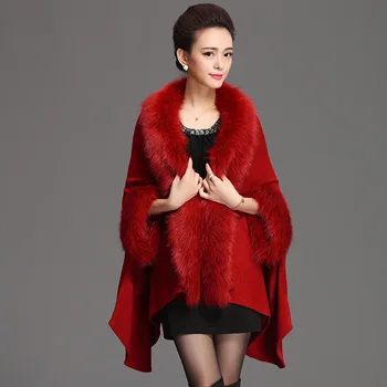 

2016 Autumn Winter Women's Long Cardigans Fake Fox Fur Collar Cashmere Sweaters Shawl Knitted Cardigan Poncho Cape Q6-78F