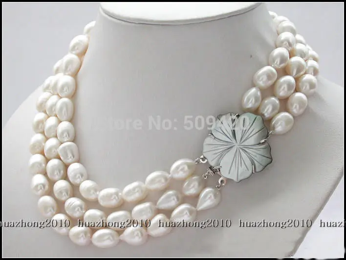 

~~ Free Shipping3row 8-9mm white rice freshwater cultured pearl necklace