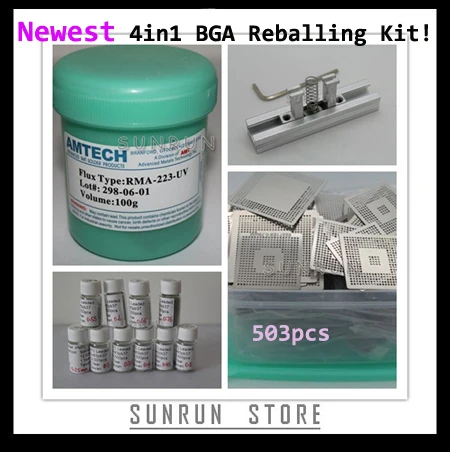 

NEW 4in1 Direct Heating BGA Reballing Kit with 503pcs Stencils Set+Solder Paste 100g+10pcs Solder Balls+1 Reballing Jig+1 Gift
