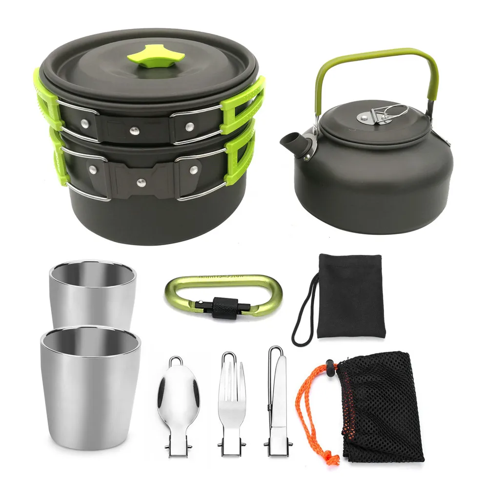 

SJ-Maurie 1 Set Outdoor Cooking Pots Pans Camping Cookware Picnic Non-stick Tableware with Foldable Spoon Fork Knife Kettle Cup