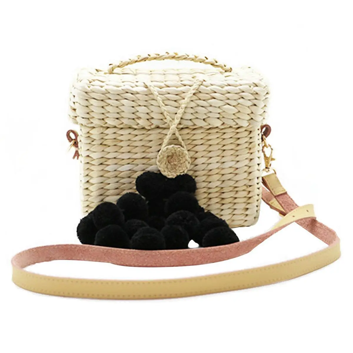 Womens Straw Handbag Handmade Mini Crossbody Bag with Plush Ball, Black